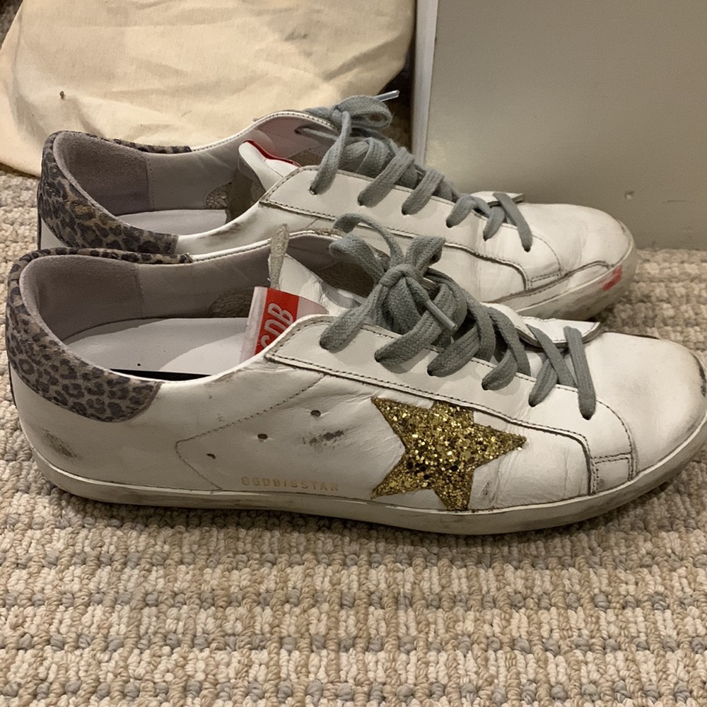 Golden Goose White Leather Sneakers with Gold Glitter Star and Leopard Heel - Picture 5 of 9
